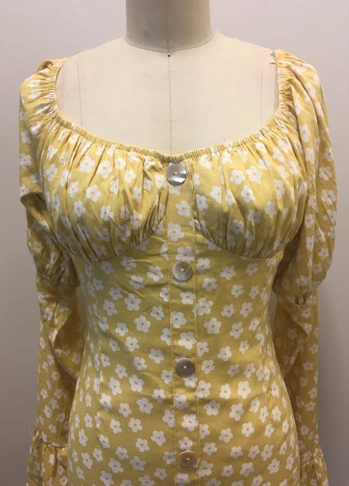 Sabo Yellow Print Dress with Pleating Along the Bust