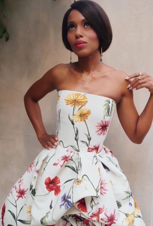 Kerry Washington Wearing White Floral Print Strapless Dress