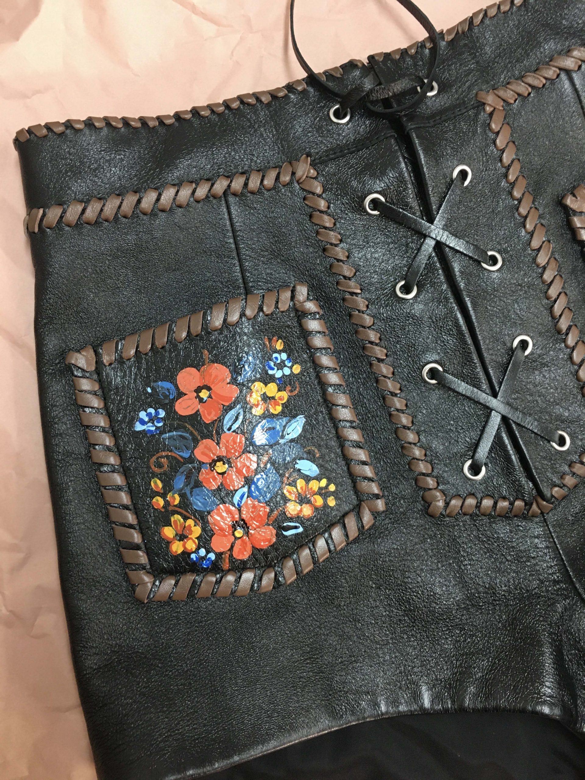 Miu Miu Leather Shorts with Cross Stitch Binding Detail on Pockets