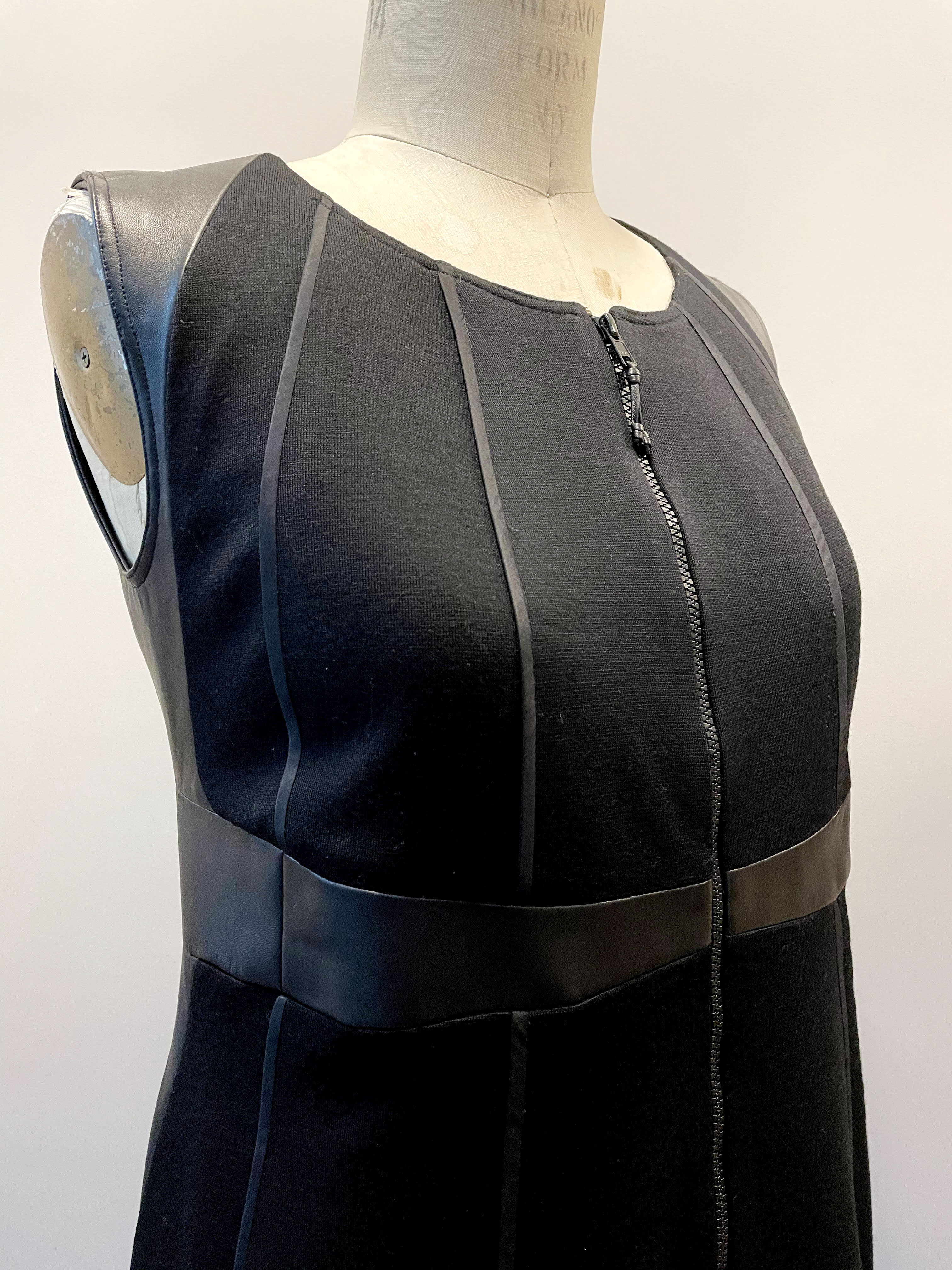 Black Doubleface Dress with Leather Panels