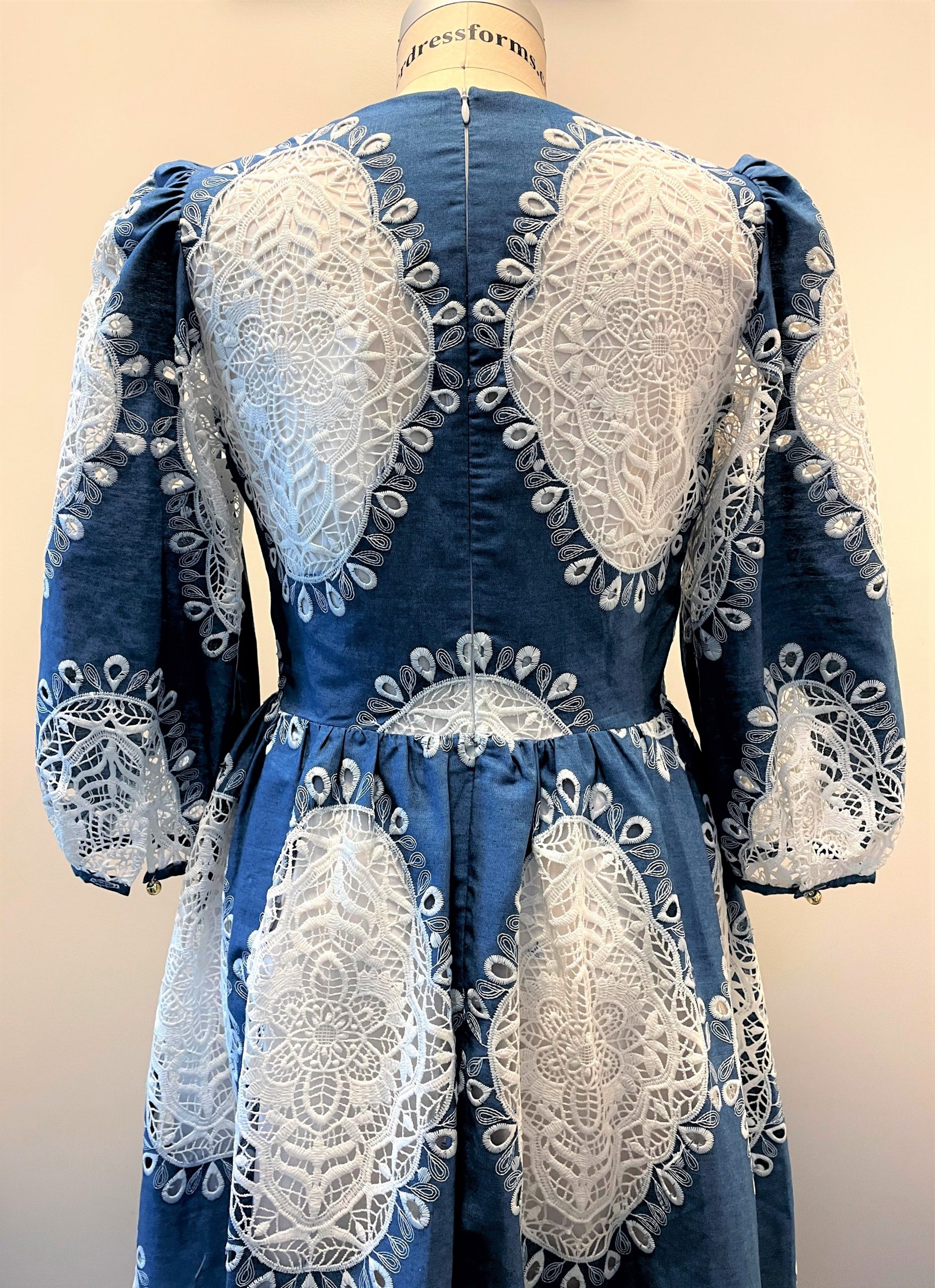 Blue Cotton Dress with Intricate Lace Details