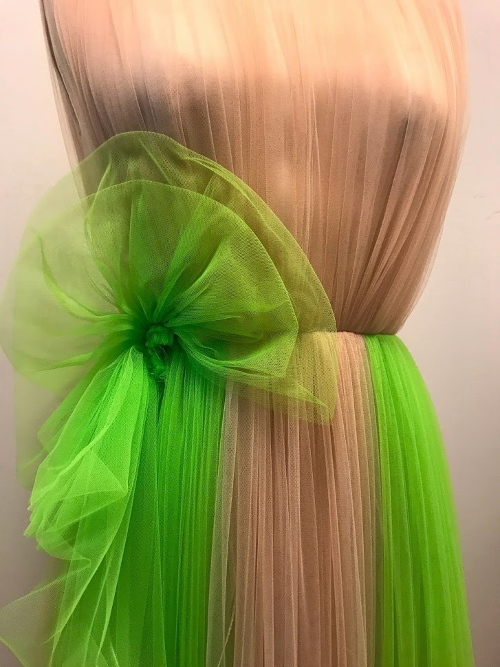 Nude Tulle Pleating Gown with Neon Green Fabric